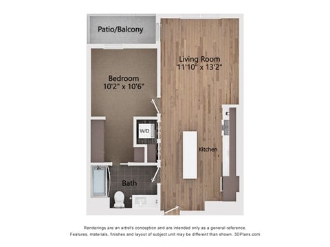 Floor plan for 1 bed, 1 bath, 662 sqft